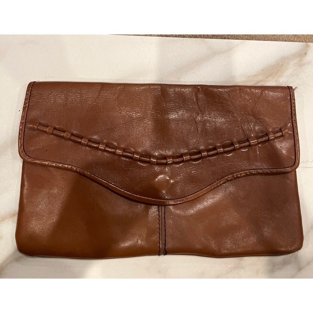 VINTAGE GENUINE LEATHER LARGE BROWN ENVELOPE CLUTCH PURSE MADE IN BRAZIL
